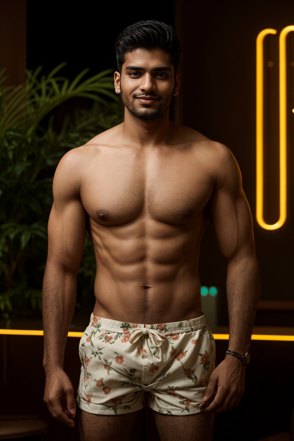 smiling man , fit body in floral silk  swim shorts and shirtless at cocktail bar with neon lights