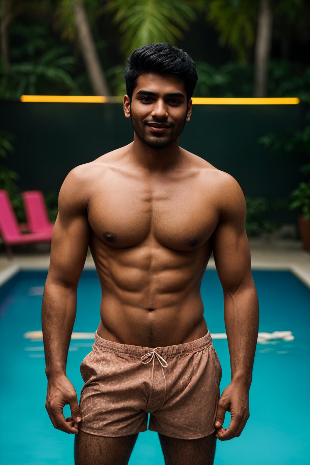 smiling man , fit body in floral silk  swim shorts and shirtless at pool party with neon lights