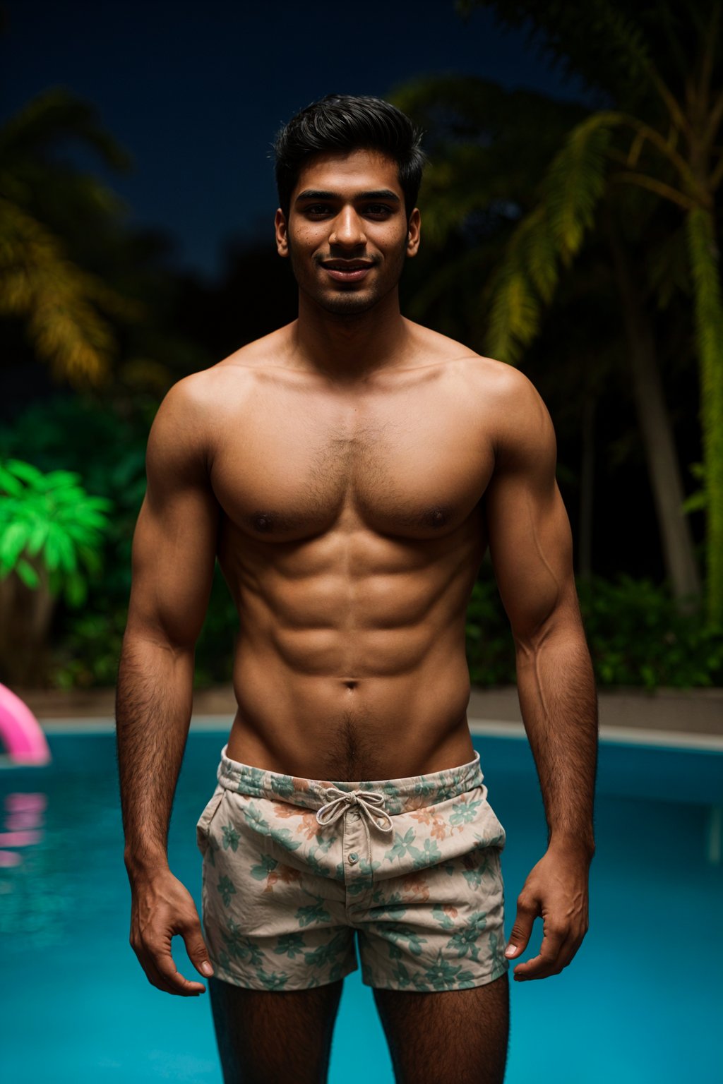 smiling man , fit body in floral silk  swim shorts and shirtless at pool party with neon lights