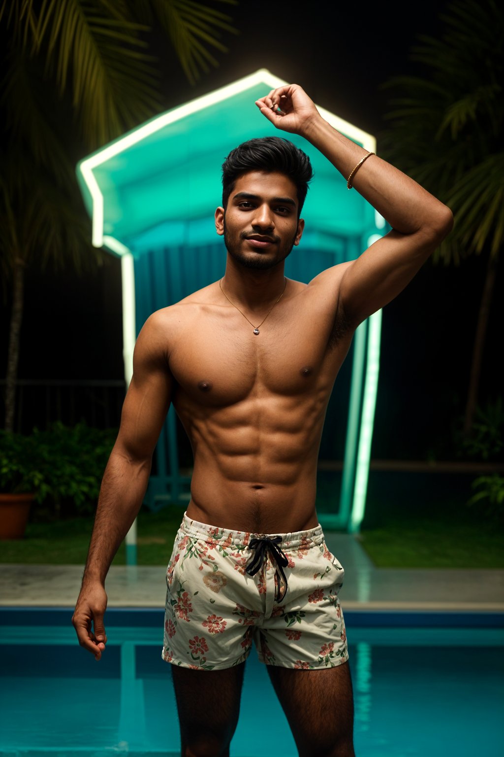 smiling man , fit body in floral silk  swim shorts and shirtless at pool party with neon lights