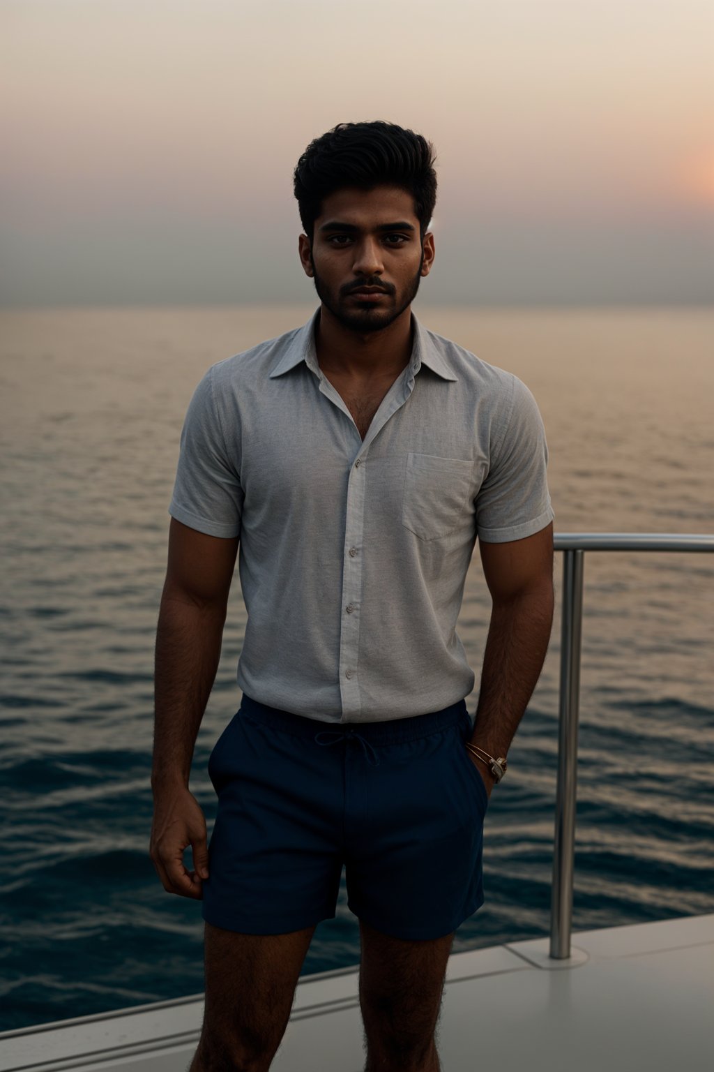 man wearing  shirt and swim shorts at an exclusive yacht party sunset, capturing the essence of luxury and opulence