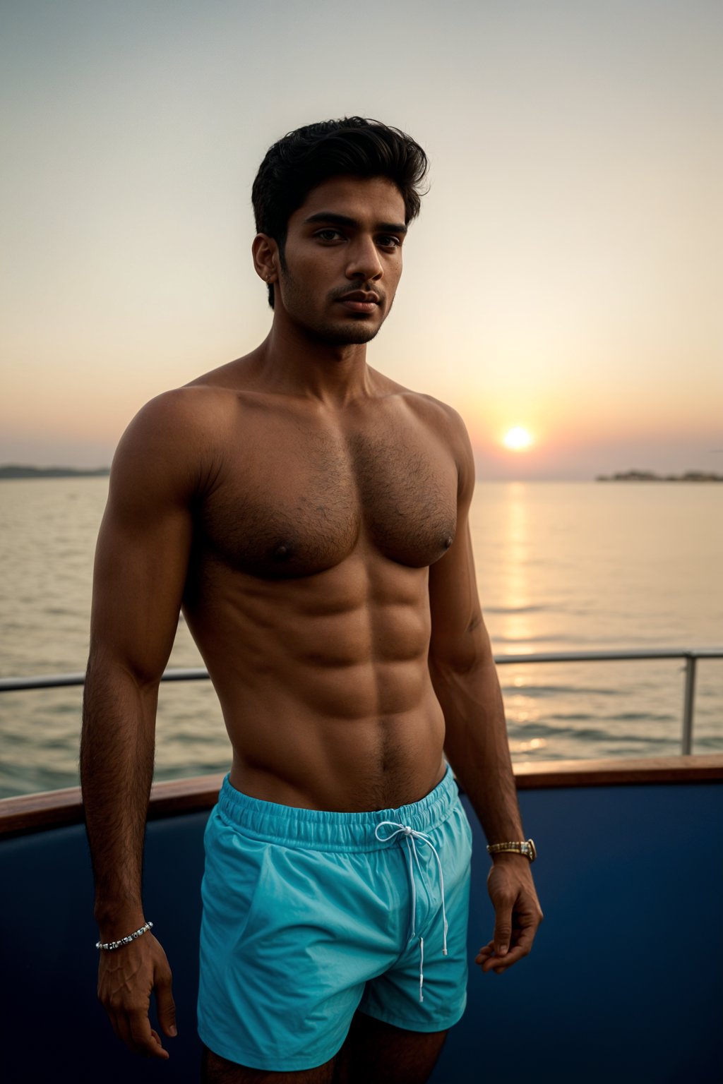 man wearing  shirt and swim shorts at an exclusive yacht party sunset, capturing the essence of luxury and opulence