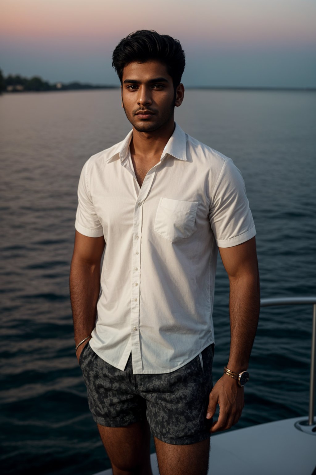 man wearing  shirt and swim shorts at an exclusive yacht party sunset, capturing the essence of luxury and opulence