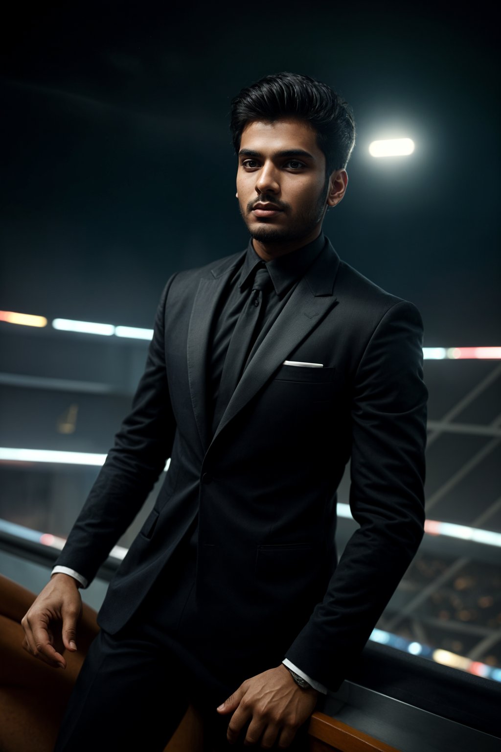 man wearing   black suit in a VIP box at a sporting event at night, capturing the thrill of live sports with nightlife