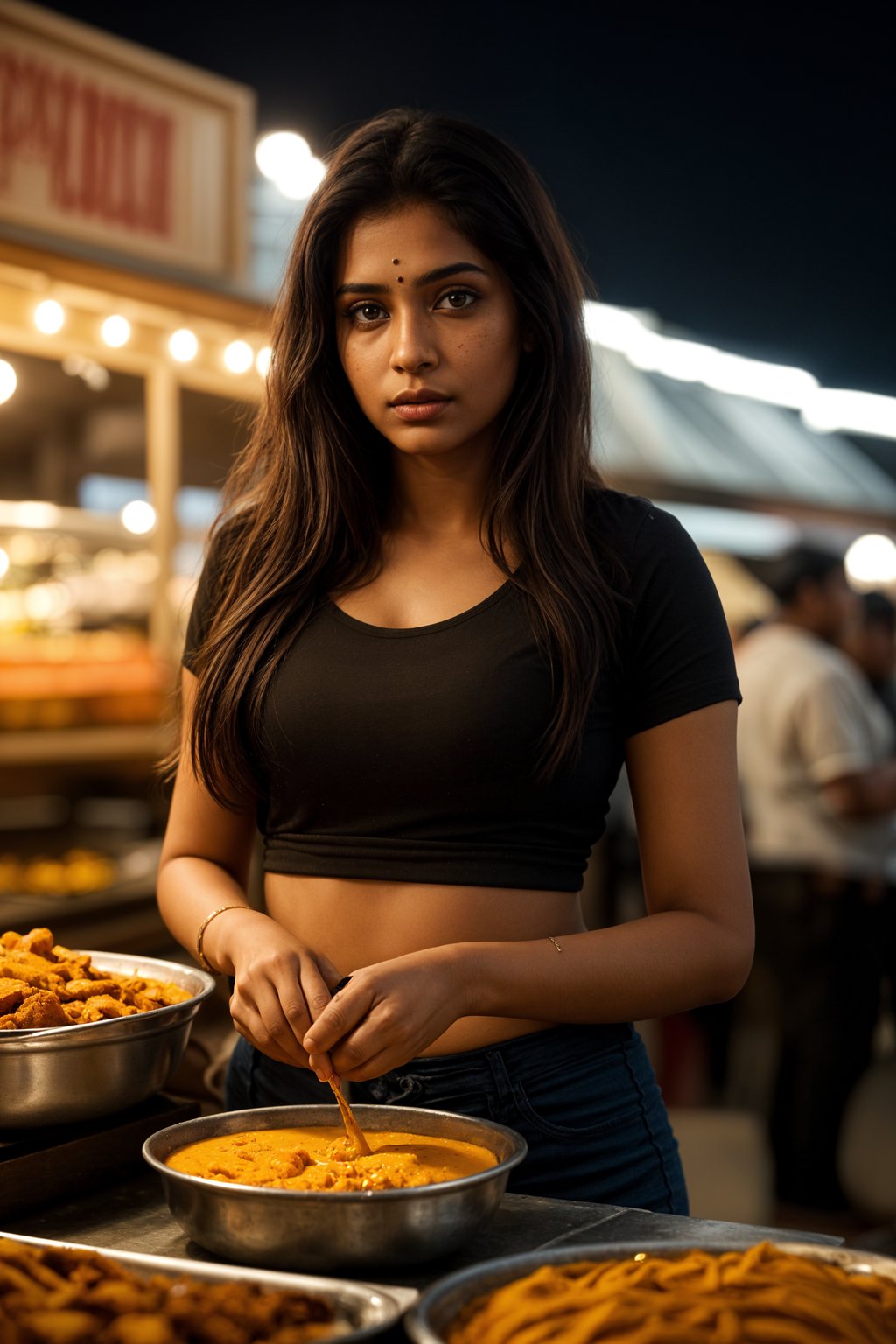 woman at a pop-up food market at night, combining the love for street food with nightlife