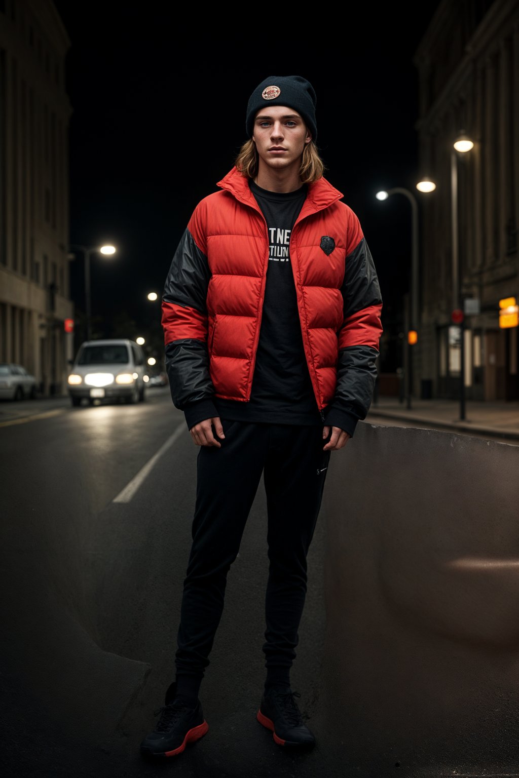 man wearing gorpcore aesthetic, functional outdoor clothing, bright colored puffer jacket, moonboots, beanie, white wool socks, outerwear, posing for photo in the street