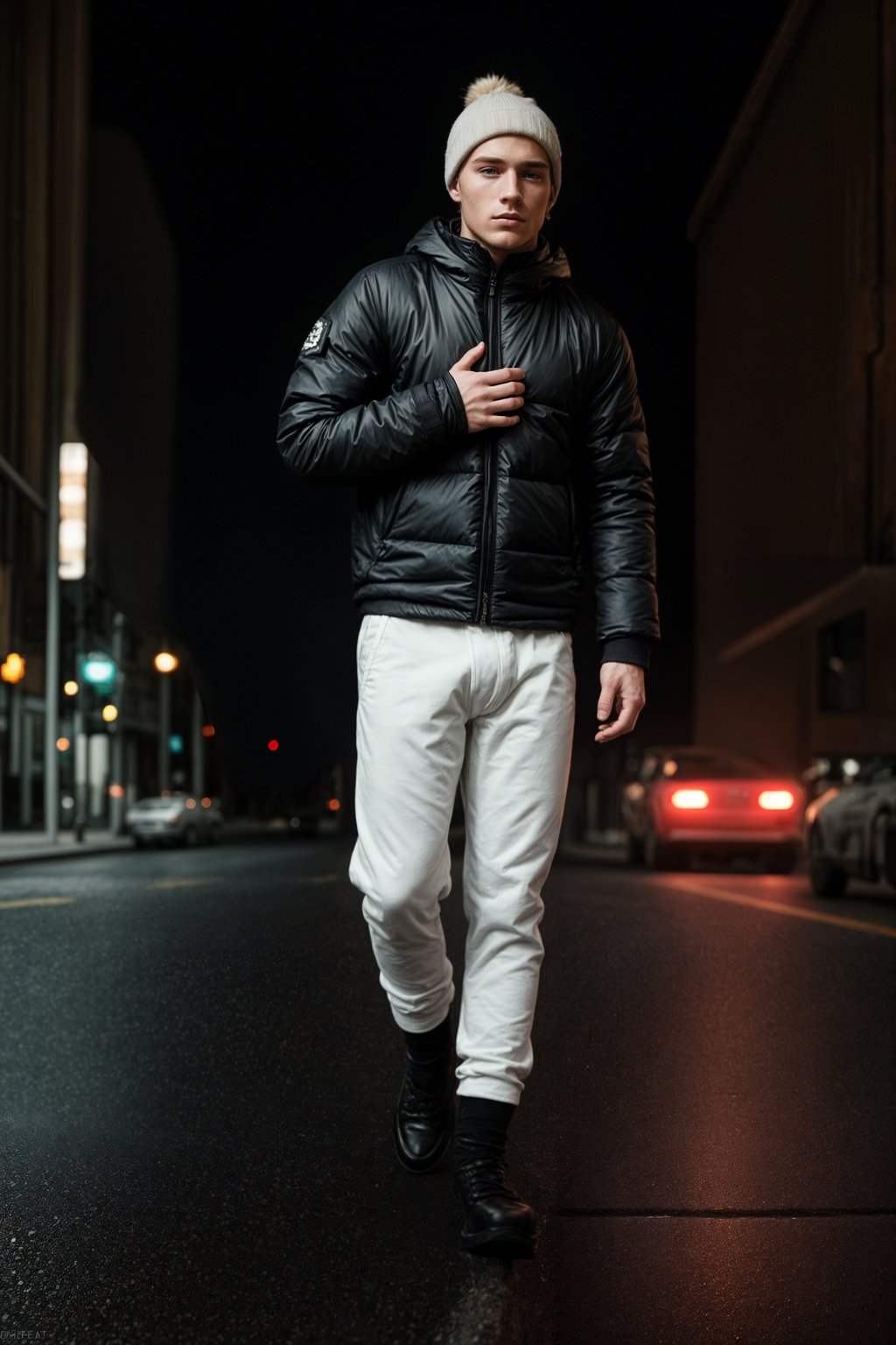 man wearing gorpcore aesthetic, functional outdoor clothing, bright colored puffer jacket, moonboots, beanie, white wool socks, outerwear, posing for photo in the street