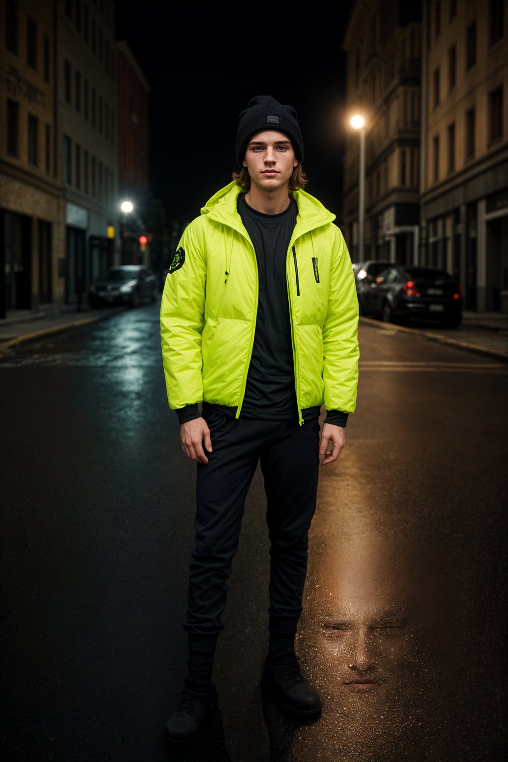 man wearing gorpcore aesthetic, functional outdoor clothing, bright colored puffer jacket, moonboots, beanie, white wool socks, outerwear, posing for photo in the street