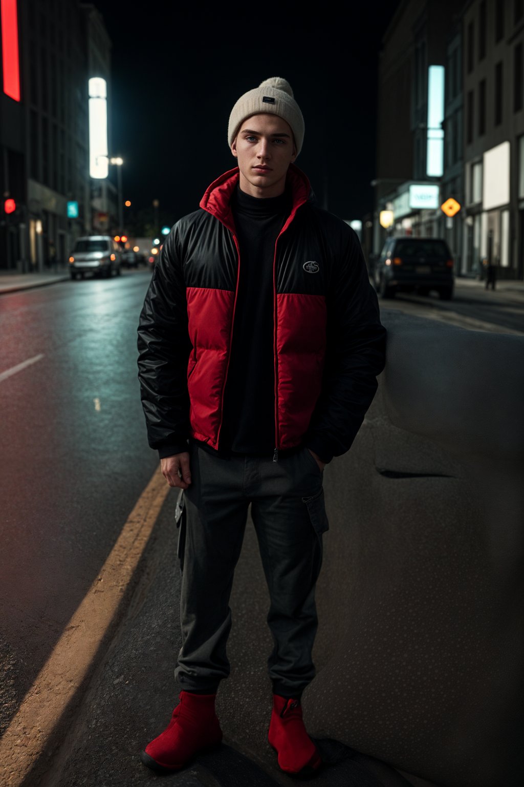 man wearing gorpcore aesthetic, functional outdoor clothing, bright colored puffer jacket, moonboots, beanie, white wool socks, outerwear, posing for photo in the street