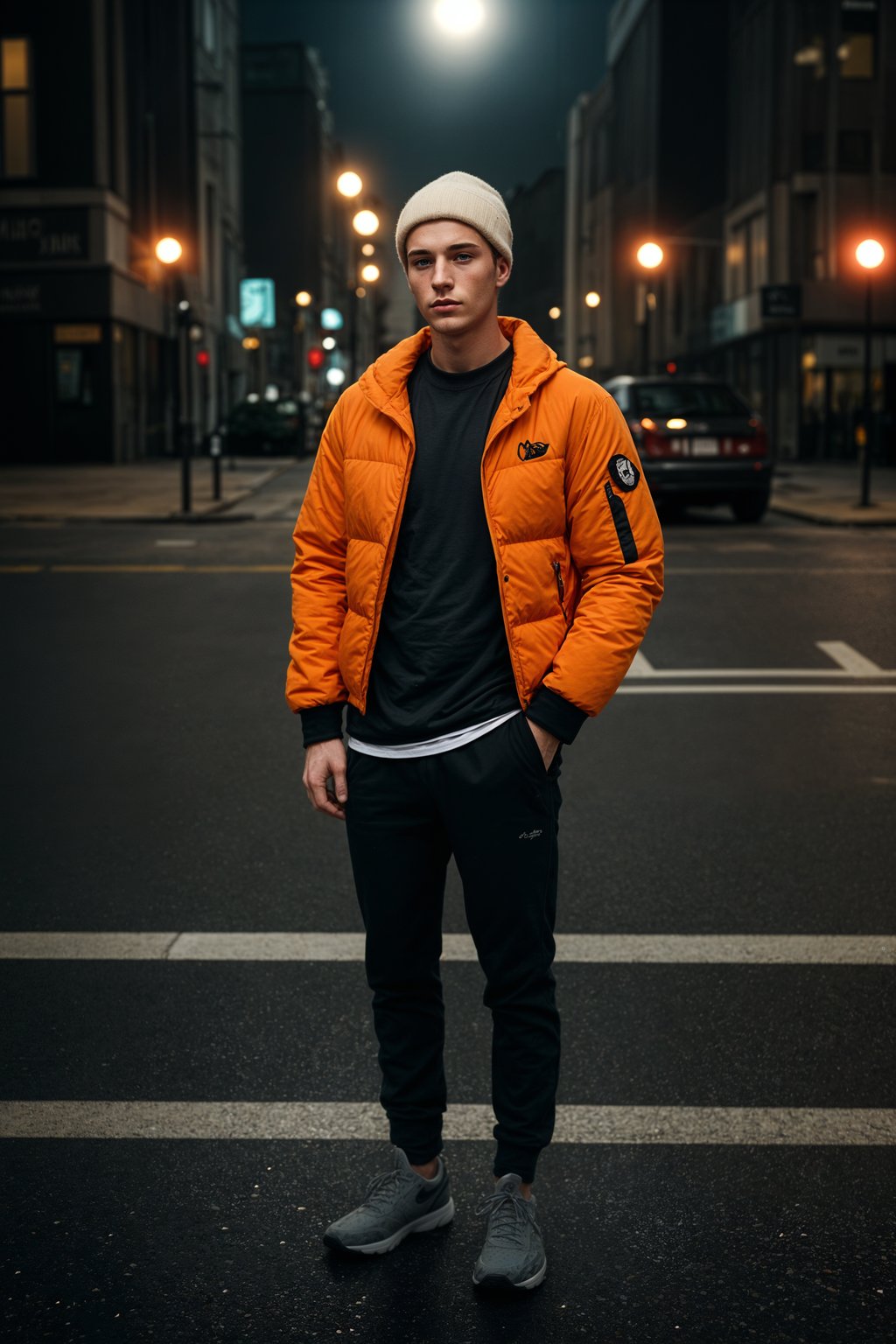 man wearing gorpcore aesthetic, functional outdoor clothing, bright colored puffer jacket, moonboots, beanie, white wool socks, outerwear, posing for photo in the street