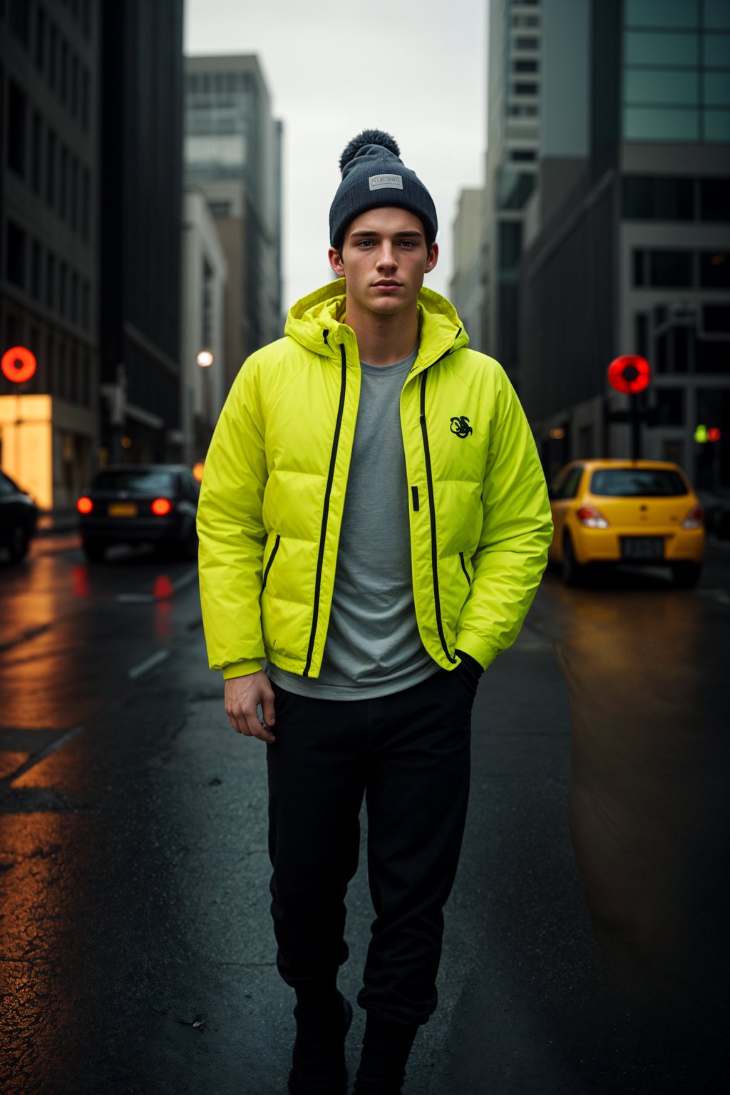 man wearing gorpcore aesthetic, functional outdoor clothing, bright colored puffer jacket, moonboots, beanie, white wool socks, outerwear, posing for photo in the street