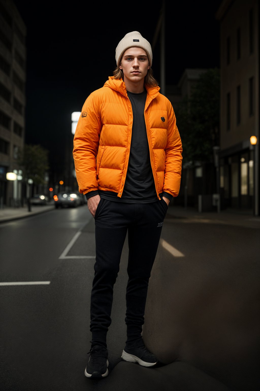 man wearing gorpcore aesthetic, functional outdoor clothing, bright colored puffer jacket, moonboots, beanie, white wool socks, outerwear, posing for photo in the street