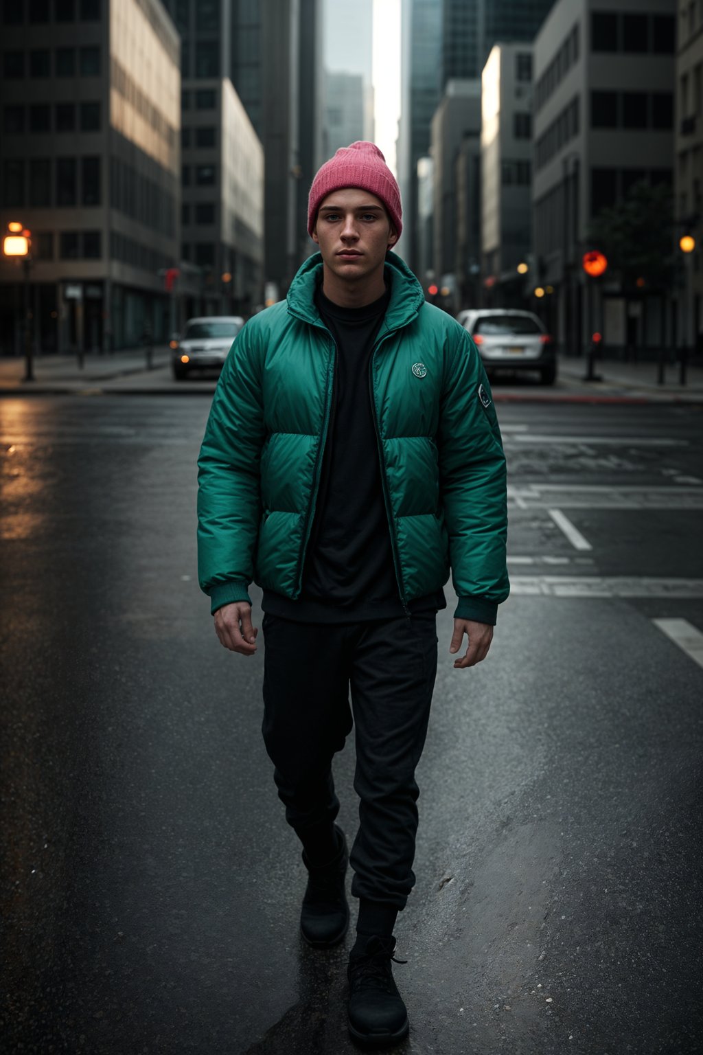 man wearing gorpcore aesthetic, functional outdoor clothing, bright colored puffer jacket, moonboots, beanie, white wool socks, outerwear, posing for photo in the street