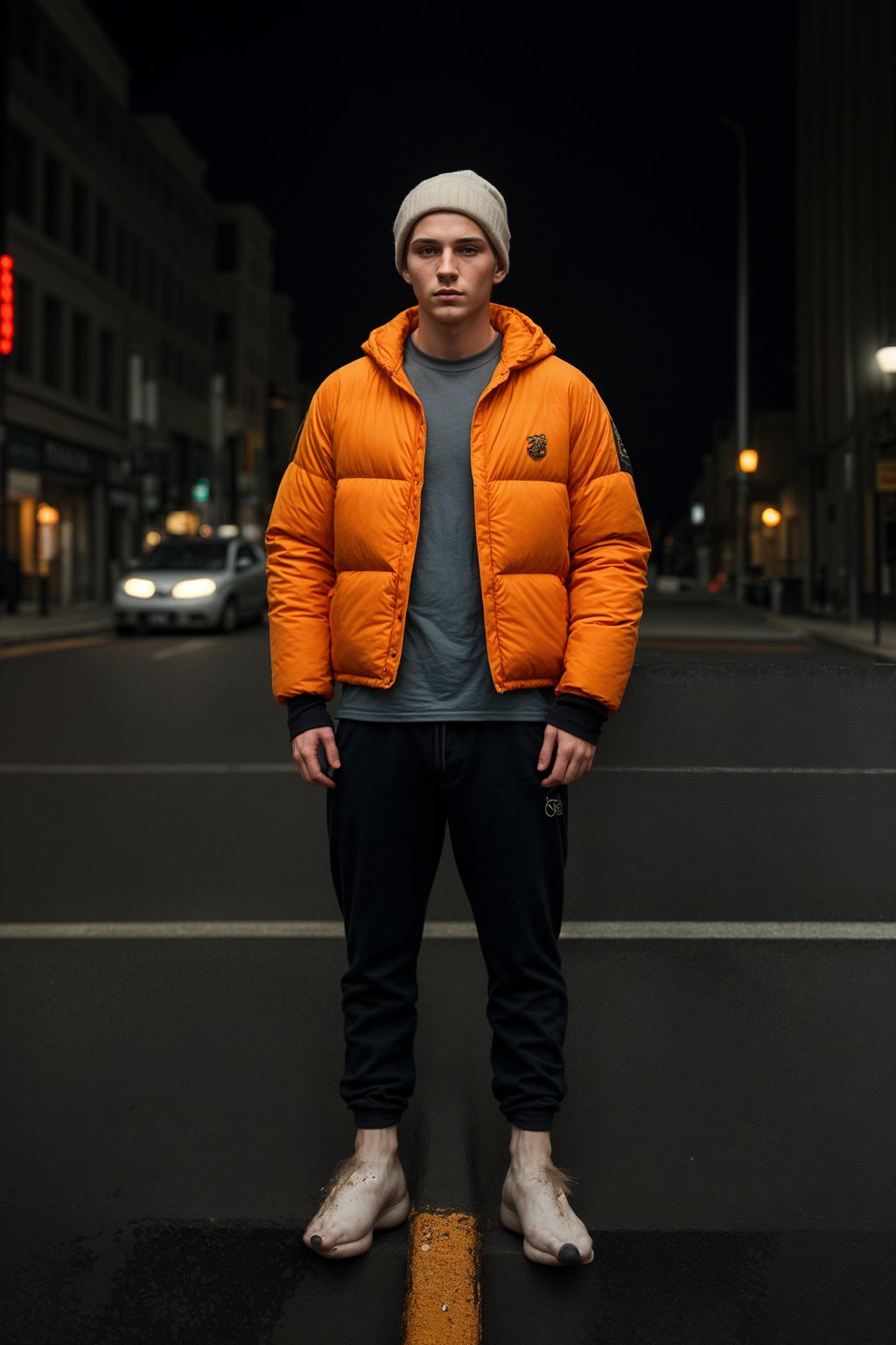 man wearing gorpcore aesthetic, functional outdoor clothing, bright colored puffer jacket, moonboots, beanie, white wool socks, outerwear, posing for photo in the street