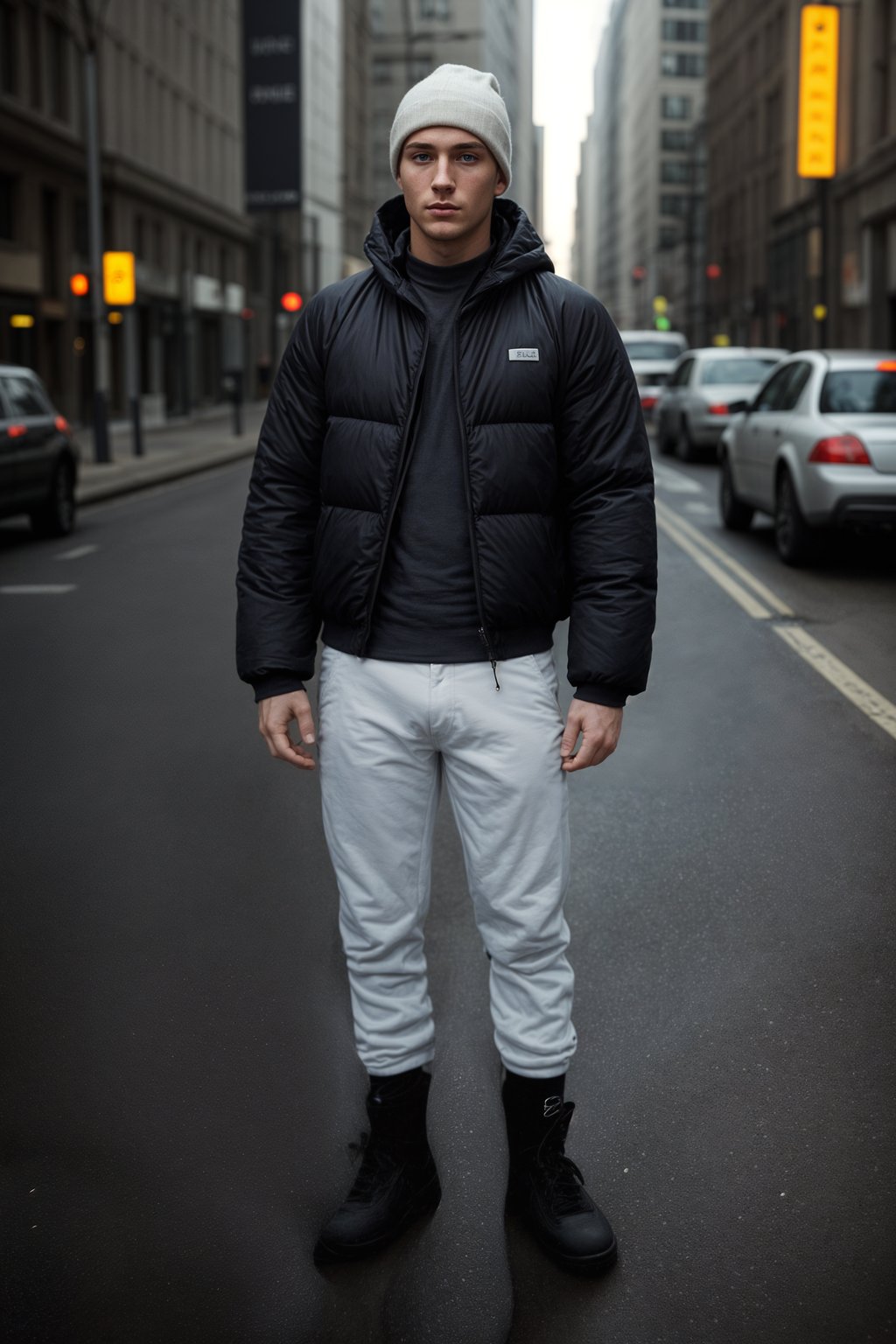 man wearing gorpcore aesthetic, functional outdoor clothing, bright colored puffer jacket, moonboots, beanie, white wool socks, outerwear, posing for photo in the street