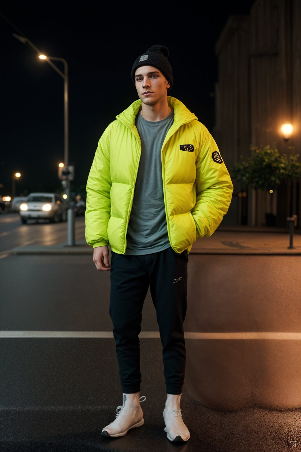 man wearing gorpcore aesthetic, functional outdoor clothing, bright colored puffer jacket, moonboots, beanie, white wool socks, outerwear, posing for photo in the street