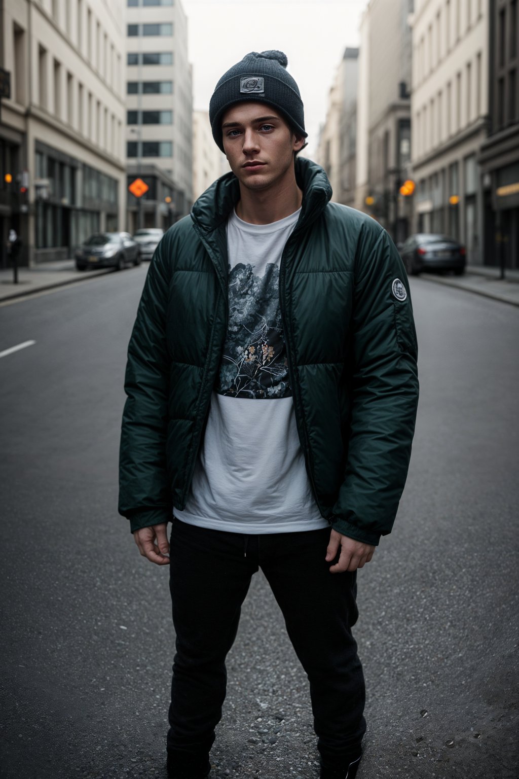 man wearing gorpcore aesthetic, functional outdoor clothing, bright colored puffer jacket, moonboots, beanie, white wool socks, outerwear, posing for photo in the street