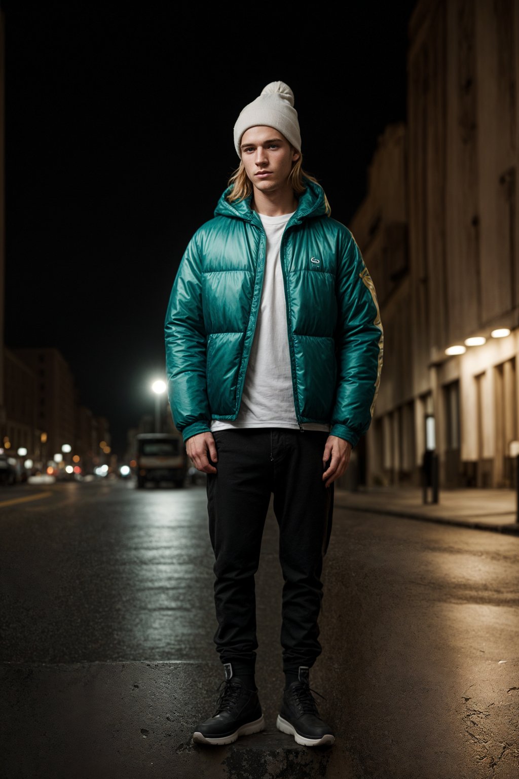 man wearing gorpcore aesthetic, functional outdoor clothing, bright colored puffer jacket, moonboots, beanie, white wool socks, outerwear, posing for photo in the street