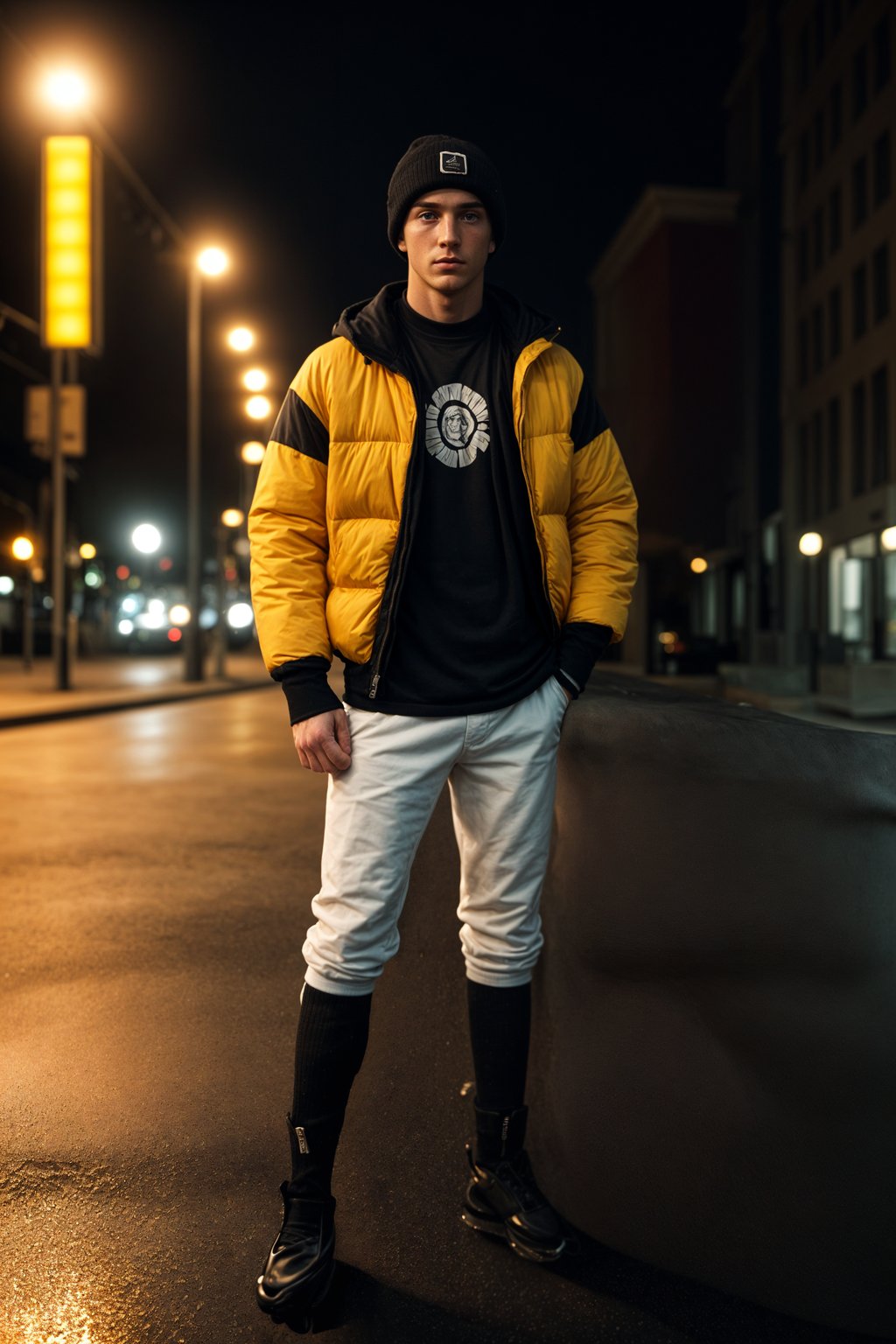 man wearing gorpcore aesthetic, functional outdoor clothing, bright colored puffer jacket, moonboots, beanie, white wool socks, outerwear, posing for photo in the street