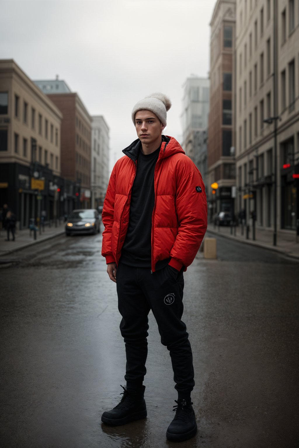 man wearing gorpcore aesthetic, functional outdoor clothing, bright colored puffer jacket, moonboots, beanie, white wool socks, outerwear, posing for photo in the street