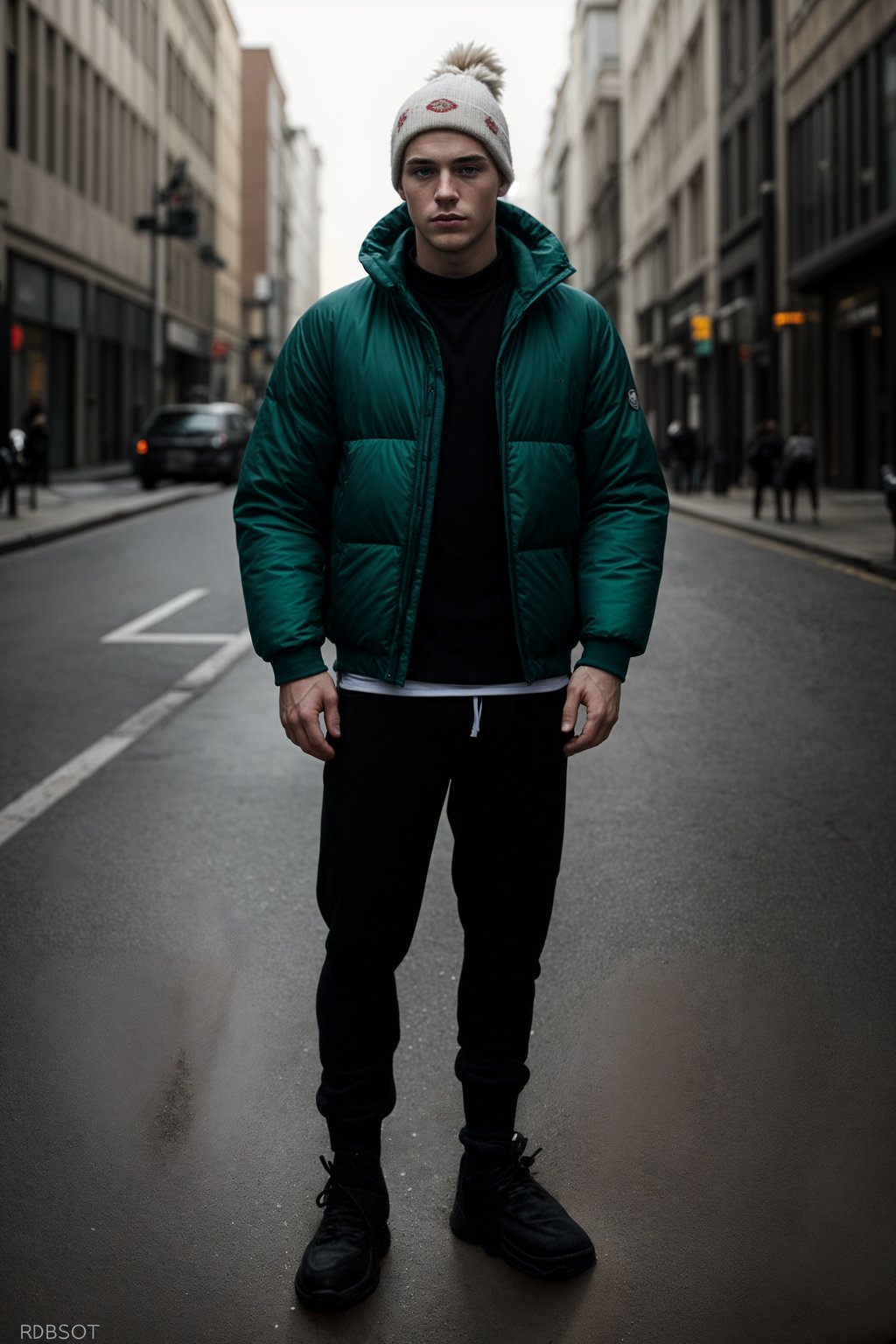 man wearing gorpcore aesthetic, functional outdoor clothing, bright colored puffer jacket, moonboots, beanie, white wool socks, outerwear, posing for photo in the street