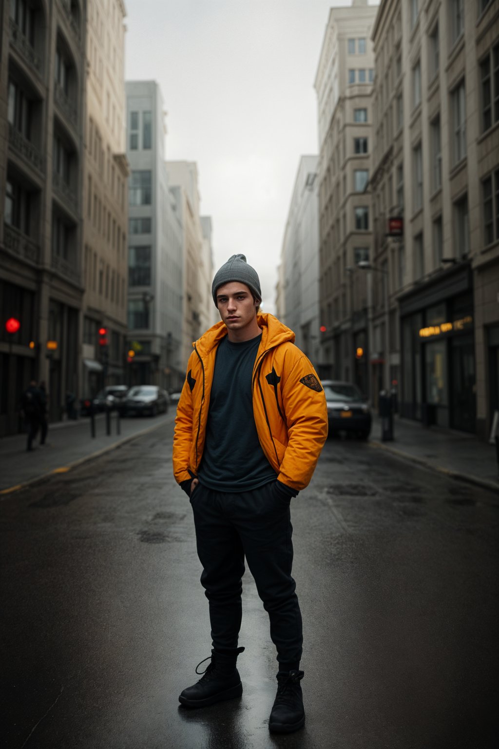 man wearing gorpcore aesthetic, functional outdoor clothing, bright colored puffer jacket, moonboots, beanie, white wool socks, outerwear, posing for photo in the street