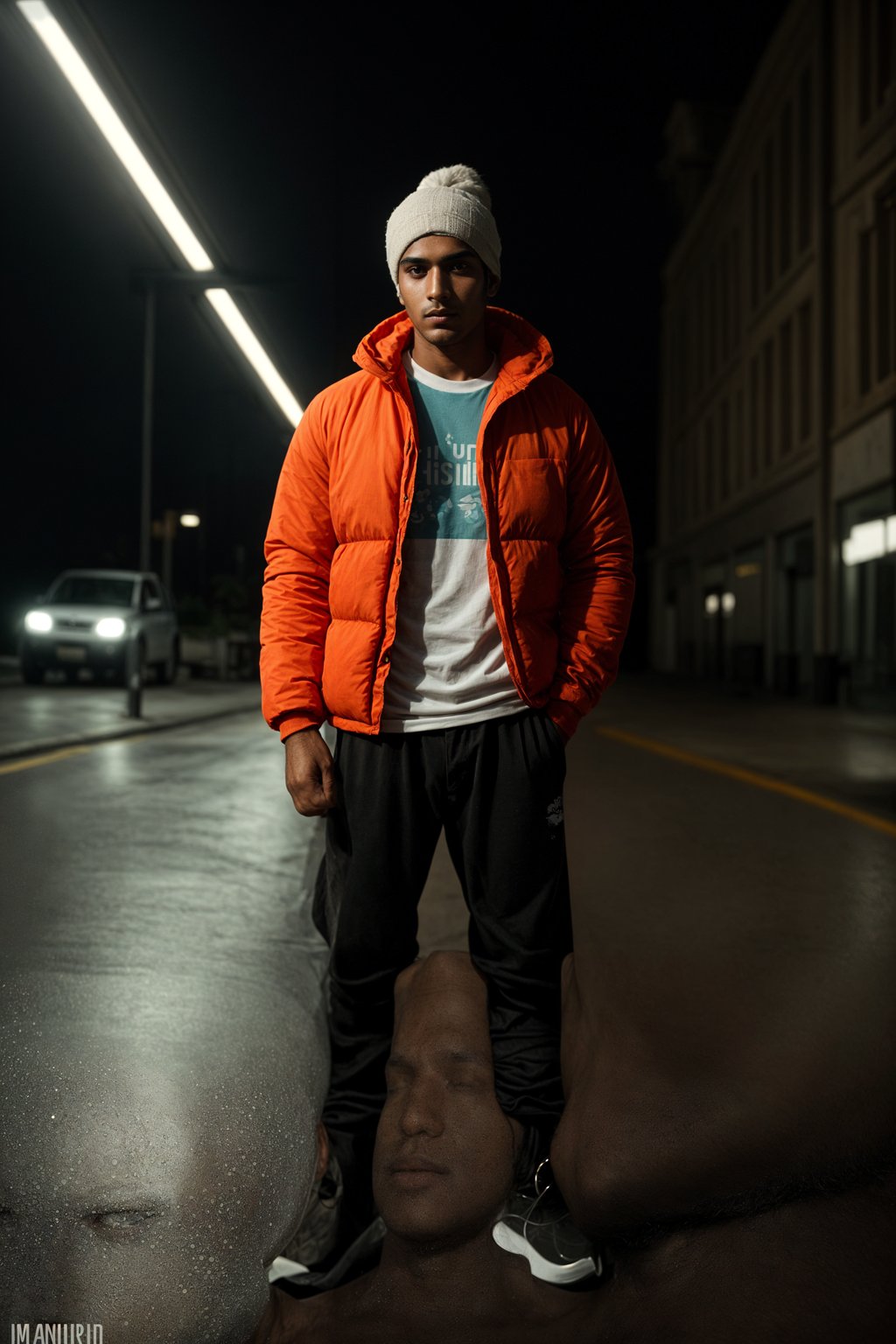 man wearing gorpcore aesthetic, functional outdoor clothing, bright colored puffer jacket, moonboots, beanie, white wool socks, outerwear, posing for photo in the street