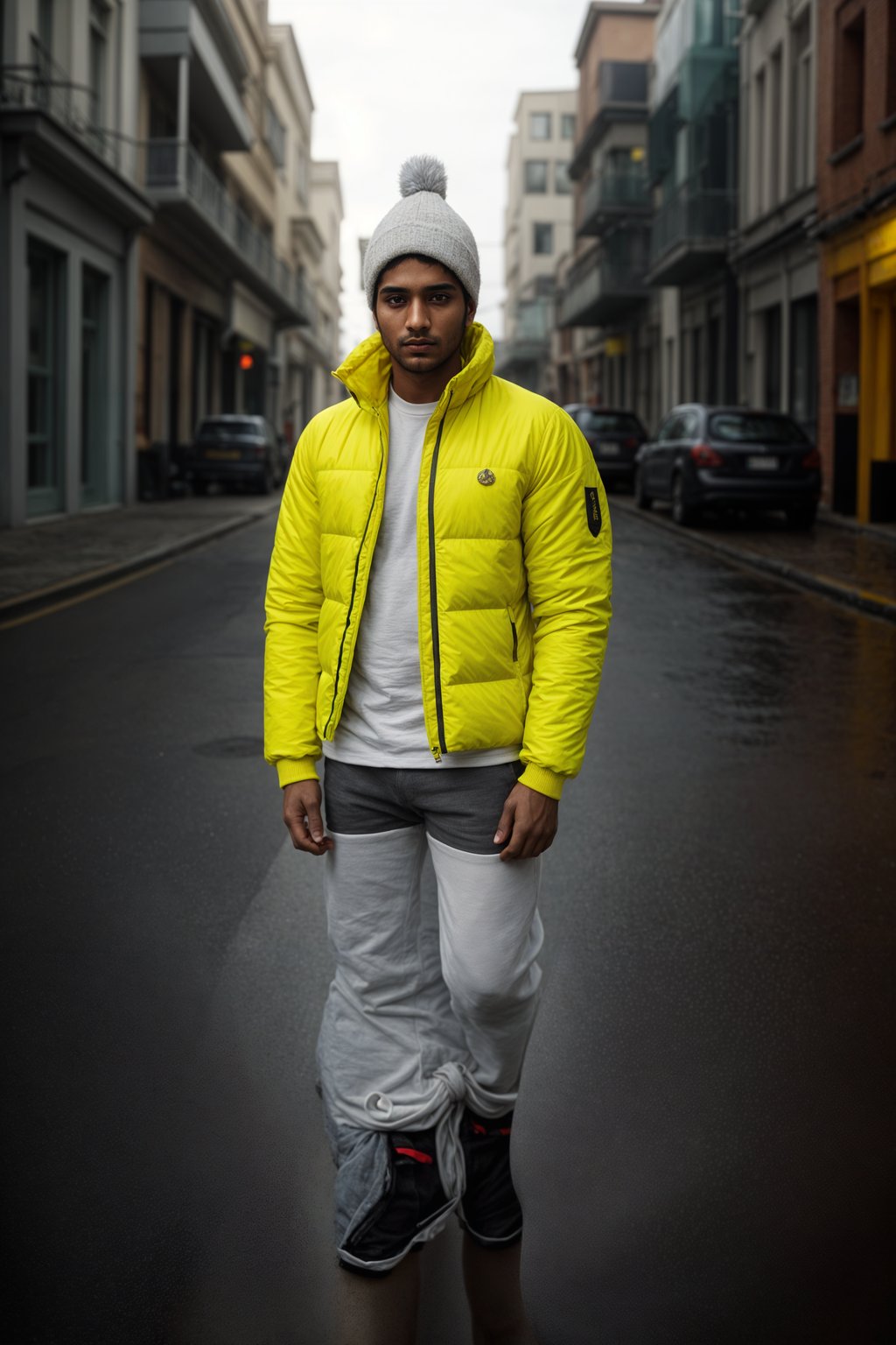 man wearing gorpcore aesthetic, functional outdoor clothing, bright colored puffer jacket, moonboots, beanie, white wool socks, outerwear, posing for photo in the street