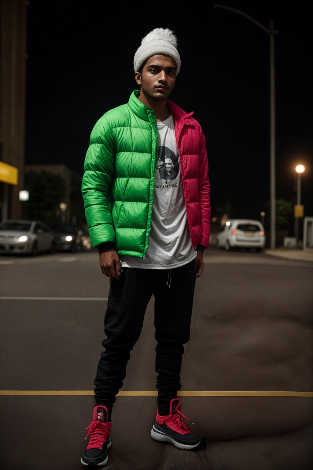 man wearing gorpcore aesthetic, functional outdoor clothing, bright colored puffer jacket, moonboots, beanie, white wool socks, outerwear, posing for photo in the street