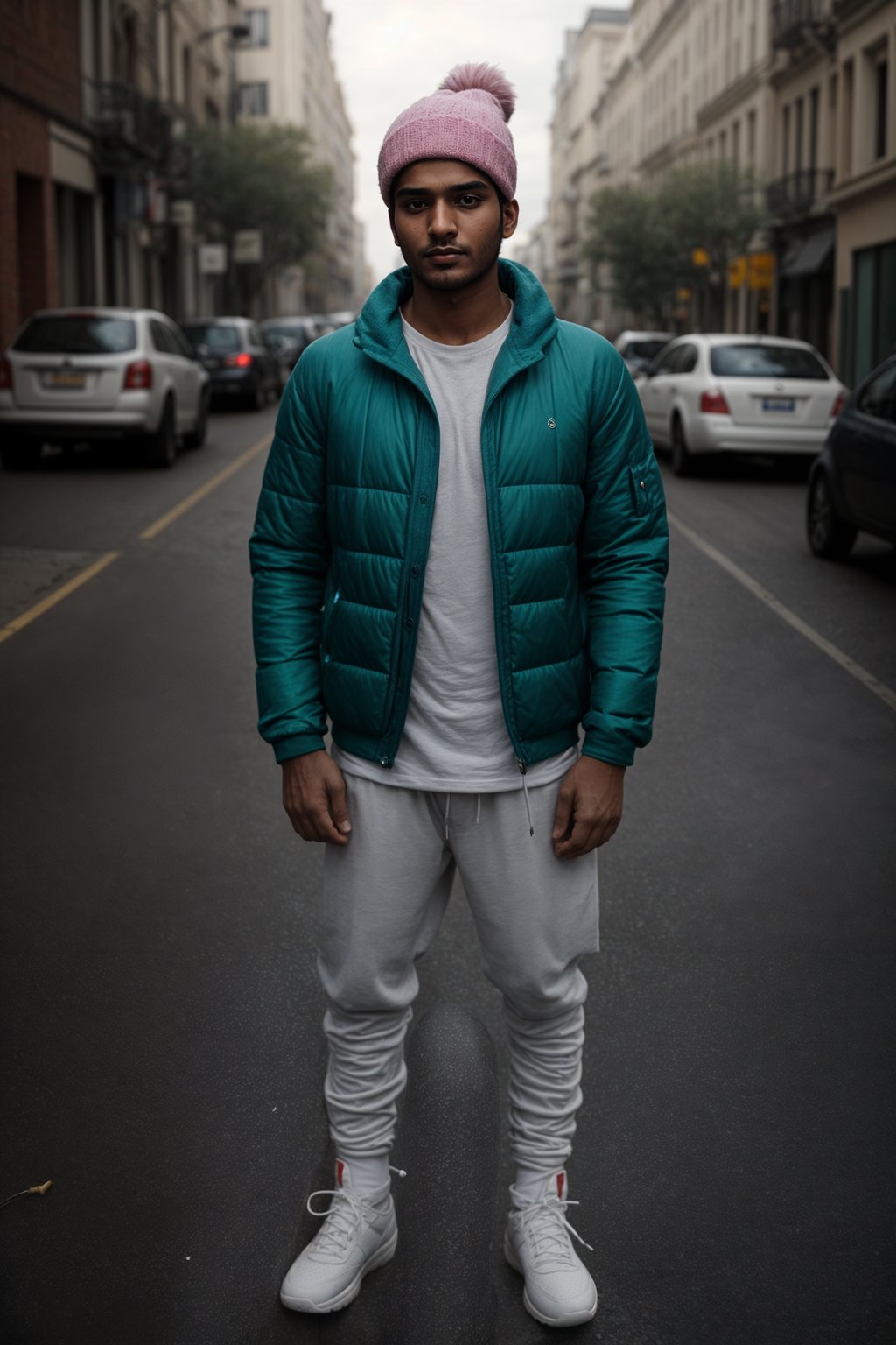 man wearing gorpcore aesthetic, functional outdoor clothing, bright colored puffer jacket, moonboots, beanie, white wool socks, outerwear, posing for photo in the street