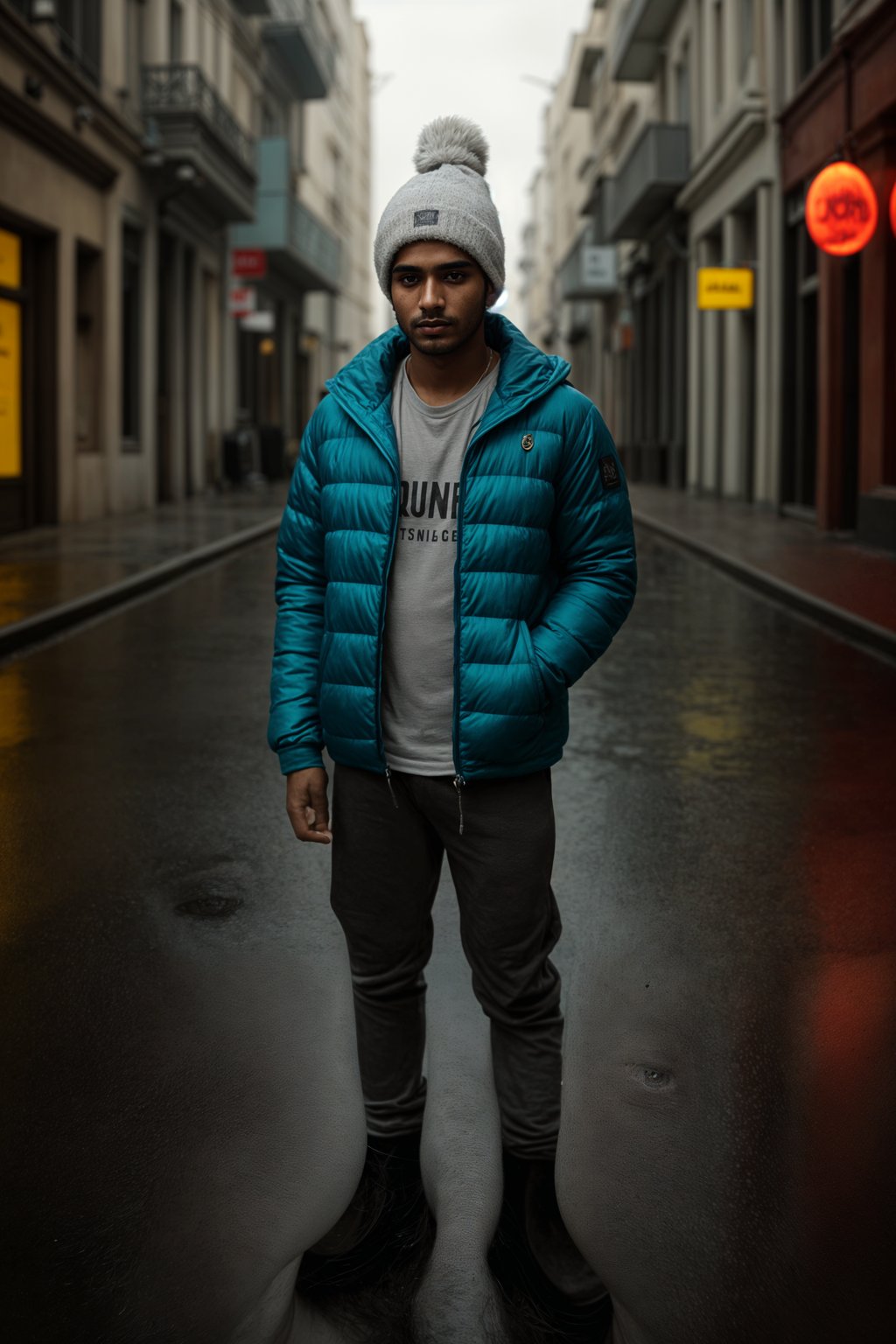 man wearing gorpcore aesthetic, functional outdoor clothing, bright colored puffer jacket, moonboots, beanie, white wool socks, outerwear, posing for photo in the street