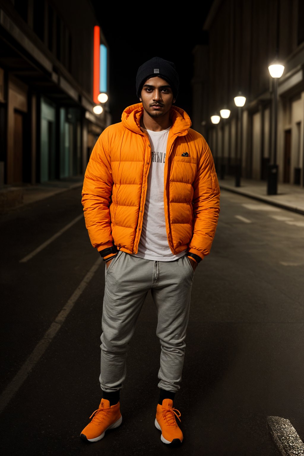 man wearing gorpcore aesthetic, functional outdoor clothing, bright colored puffer jacket, moonboots, beanie, white wool socks, outerwear, posing for photo in the street