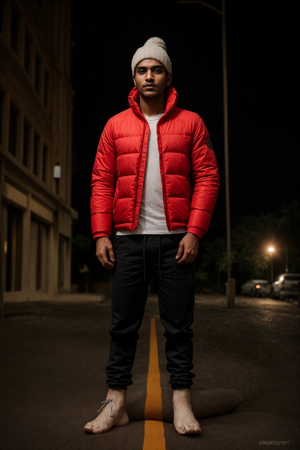 man wearing gorpcore aesthetic, functional outdoor clothing, bright colored puffer jacket, moonboots, beanie, white wool socks, outerwear, posing for photo in the street