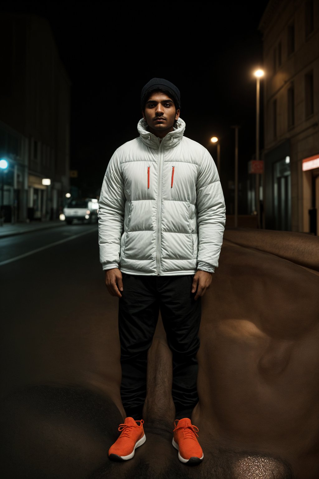 man wearing gorpcore aesthetic, functional outdoor clothing, bright colored puffer jacket, moonboots, beanie, white wool socks, outerwear, posing for photo in the street