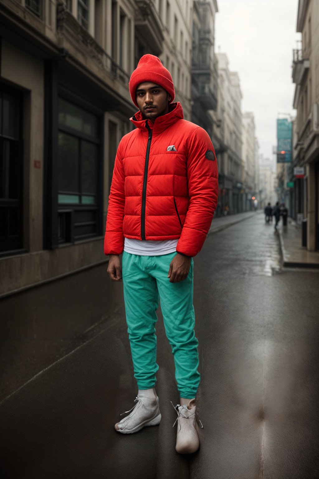 man wearing gorpcore aesthetic, functional outdoor clothing, bright colored puffer jacket, moonboots, beanie, white wool socks, outerwear, posing for photo in the street