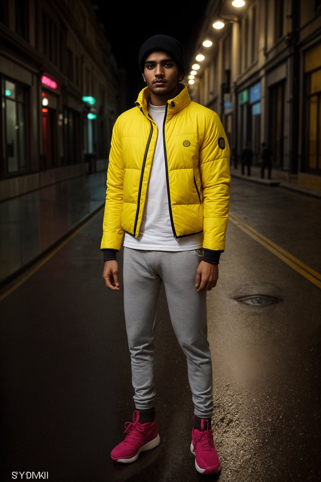 man wearing gorpcore aesthetic, functional outdoor clothing, bright colored puffer jacket, moonboots, beanie, white wool socks, outerwear, posing for photo in the street