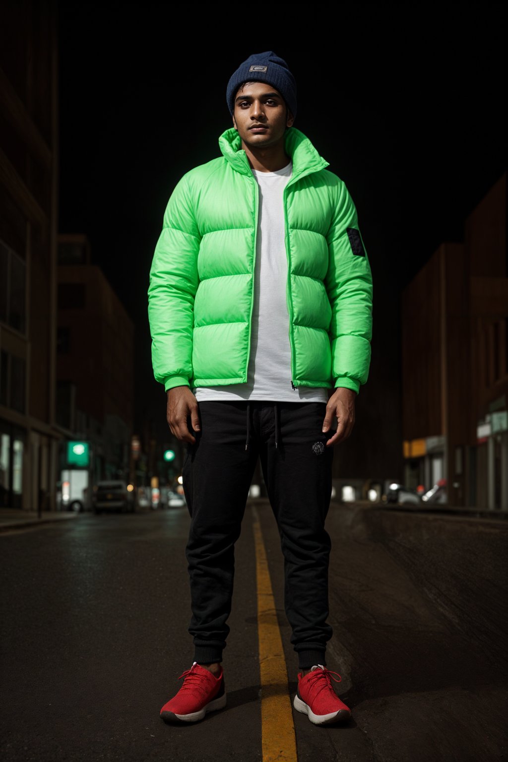 man wearing gorpcore aesthetic, functional outdoor clothing, bright colored puffer jacket, moonboots, beanie, white wool socks, outerwear, posing for photo in the street