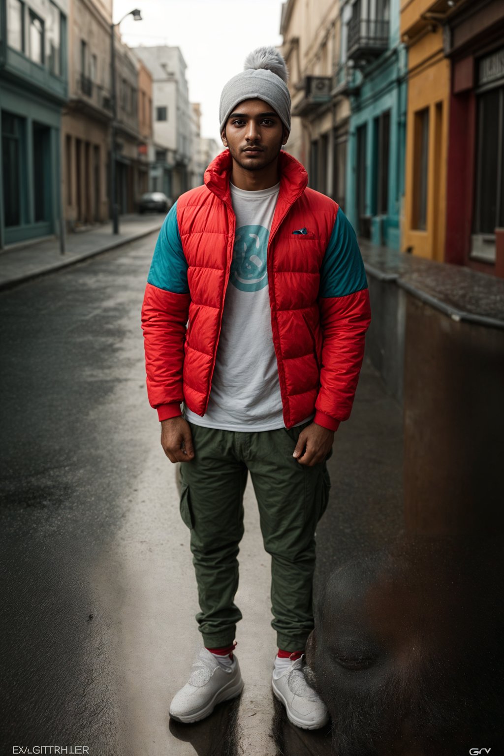 man wearing gorpcore aesthetic, functional outdoor clothing, bright colored puffer jacket, moonboots, beanie, white wool socks, outerwear, posing for photo in the street