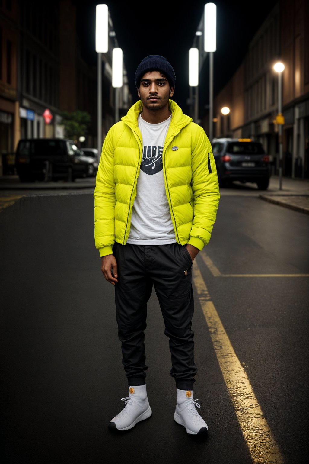 man wearing gorpcore aesthetic, functional outdoor clothing, bright colored puffer jacket, moonboots, beanie, white wool socks, outerwear, posing for photo in the street