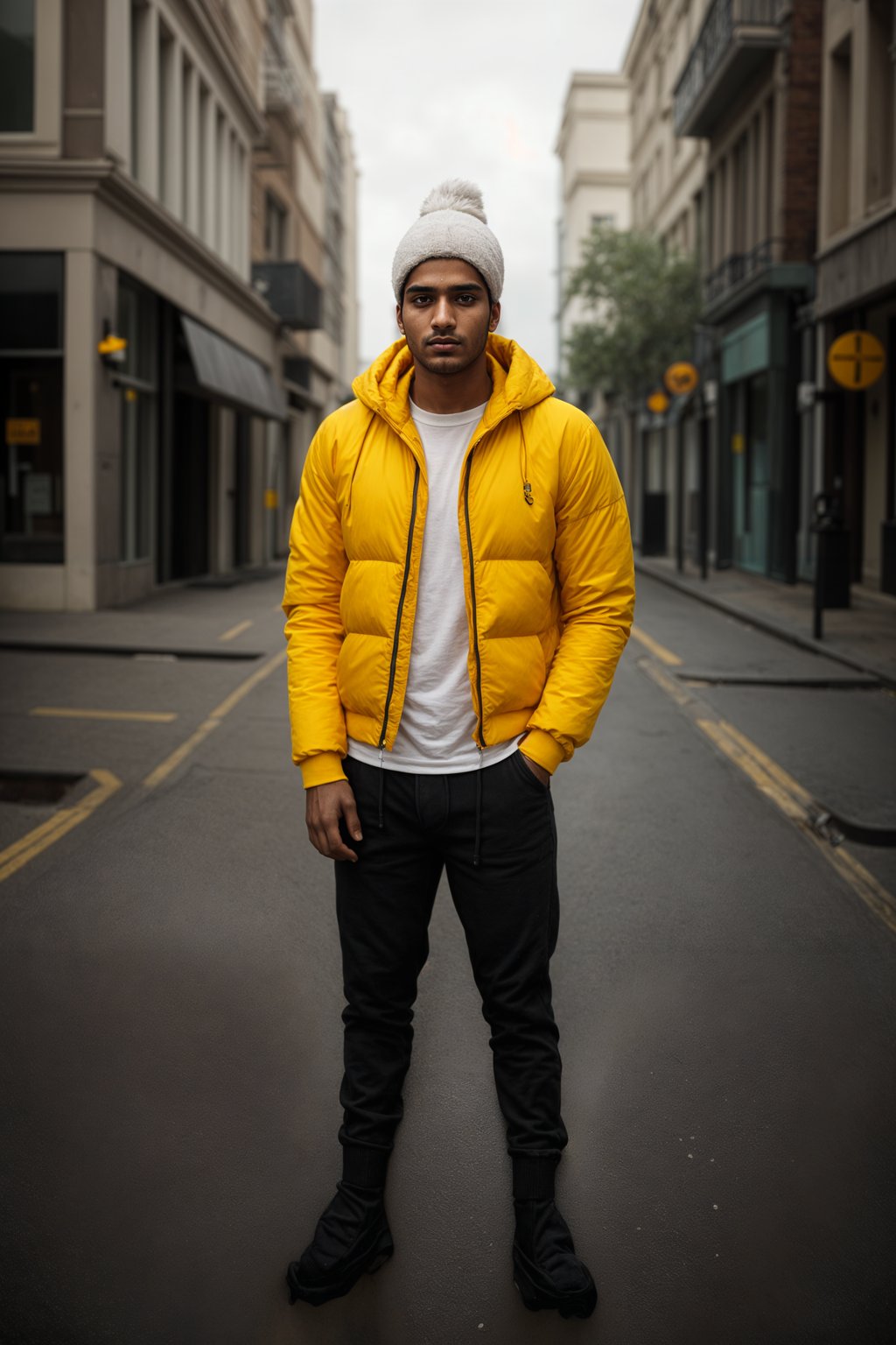 man wearing gorpcore aesthetic, functional outdoor clothing, bright colored puffer jacket, moonboots, beanie, white wool socks, outerwear, posing for photo in the street