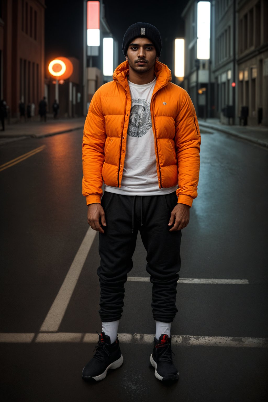 man wearing gorpcore aesthetic, functional outdoor clothing, bright colored puffer jacket, moonboots, beanie, white wool socks, outerwear, posing for photo in the street