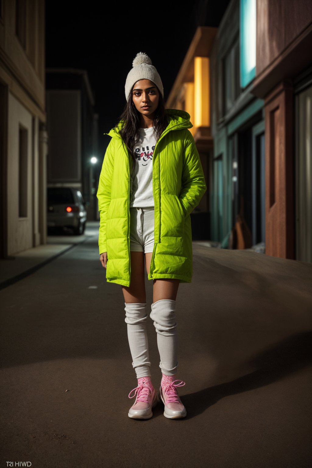 woman wearing gorpcore aesthetic, functional outdoor clothing, bright colored puffer jacket, moonboots, beanie, white wool socks, outerwear, posing for photo in the street