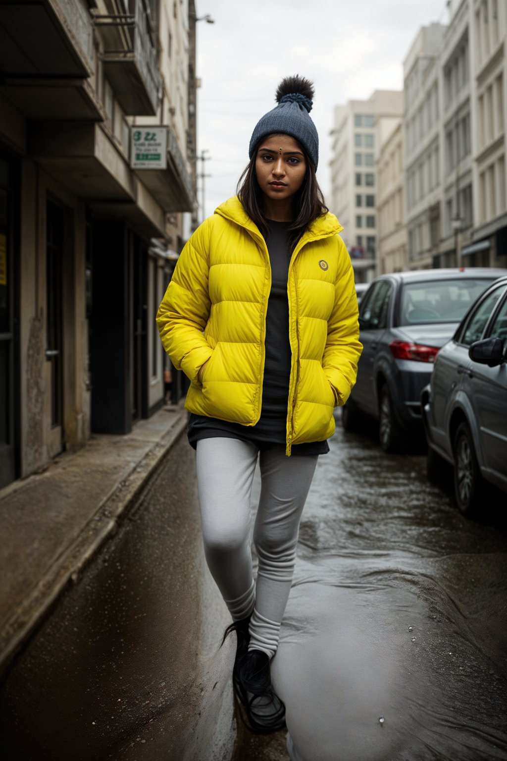 woman wearing gorpcore aesthetic, functional outdoor clothing, bright colored puffer jacket, moonboots, beanie, white wool socks, outerwear, posing for photo in the street