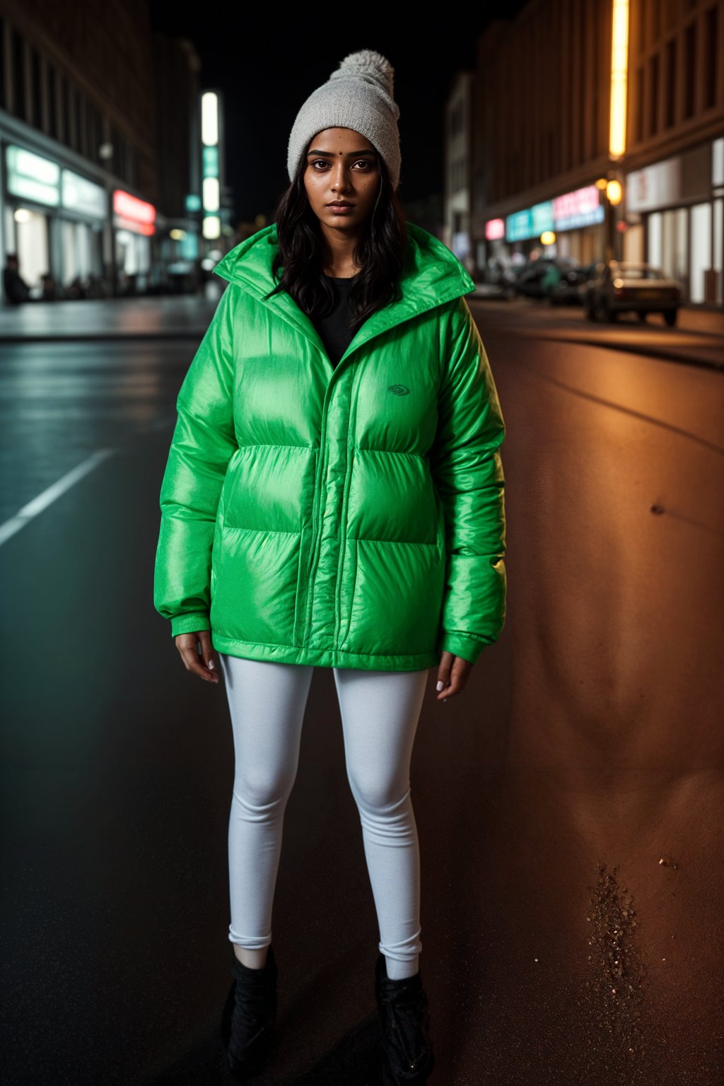 woman wearing gorpcore aesthetic, functional outdoor clothing, bright colored puffer jacket, moonboots, beanie, white wool socks, outerwear, posing for photo in the street