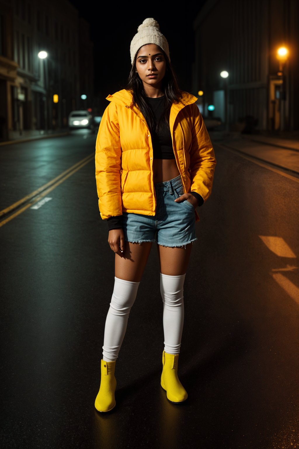 woman wearing gorpcore aesthetic, functional outdoor clothing, bright colored puffer jacket, moonboots, beanie, white wool socks, outerwear, posing for photo in the street