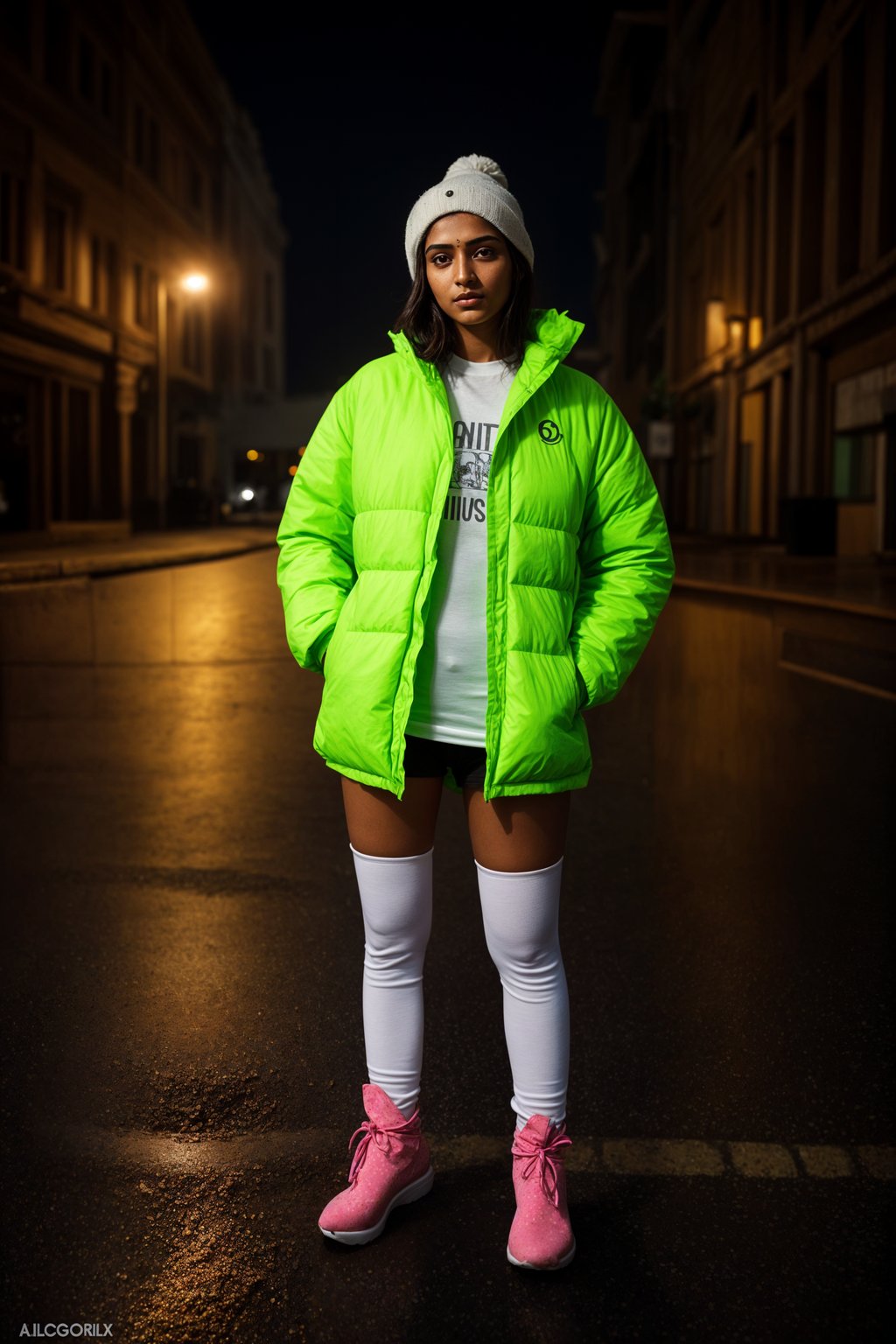 woman wearing gorpcore aesthetic, functional outdoor clothing, bright colored puffer jacket, moonboots, beanie, white wool socks, outerwear, posing for photo in the street