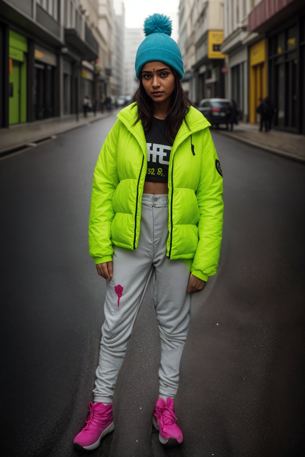 woman wearing gorpcore aesthetic, functional outdoor clothing, bright colored puffer jacket, moonboots, beanie, white wool socks, outerwear, posing for photo in the street