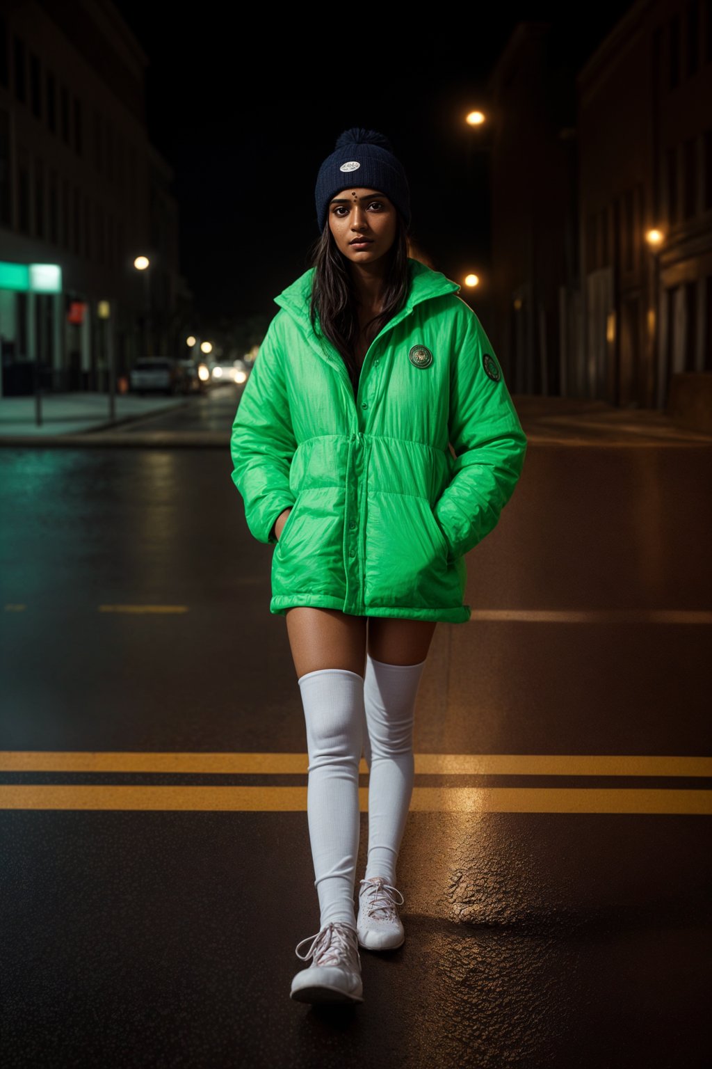 woman wearing gorpcore aesthetic, functional outdoor clothing, bright colored puffer jacket, moonboots, beanie, white wool socks, outerwear, posing for photo in the street