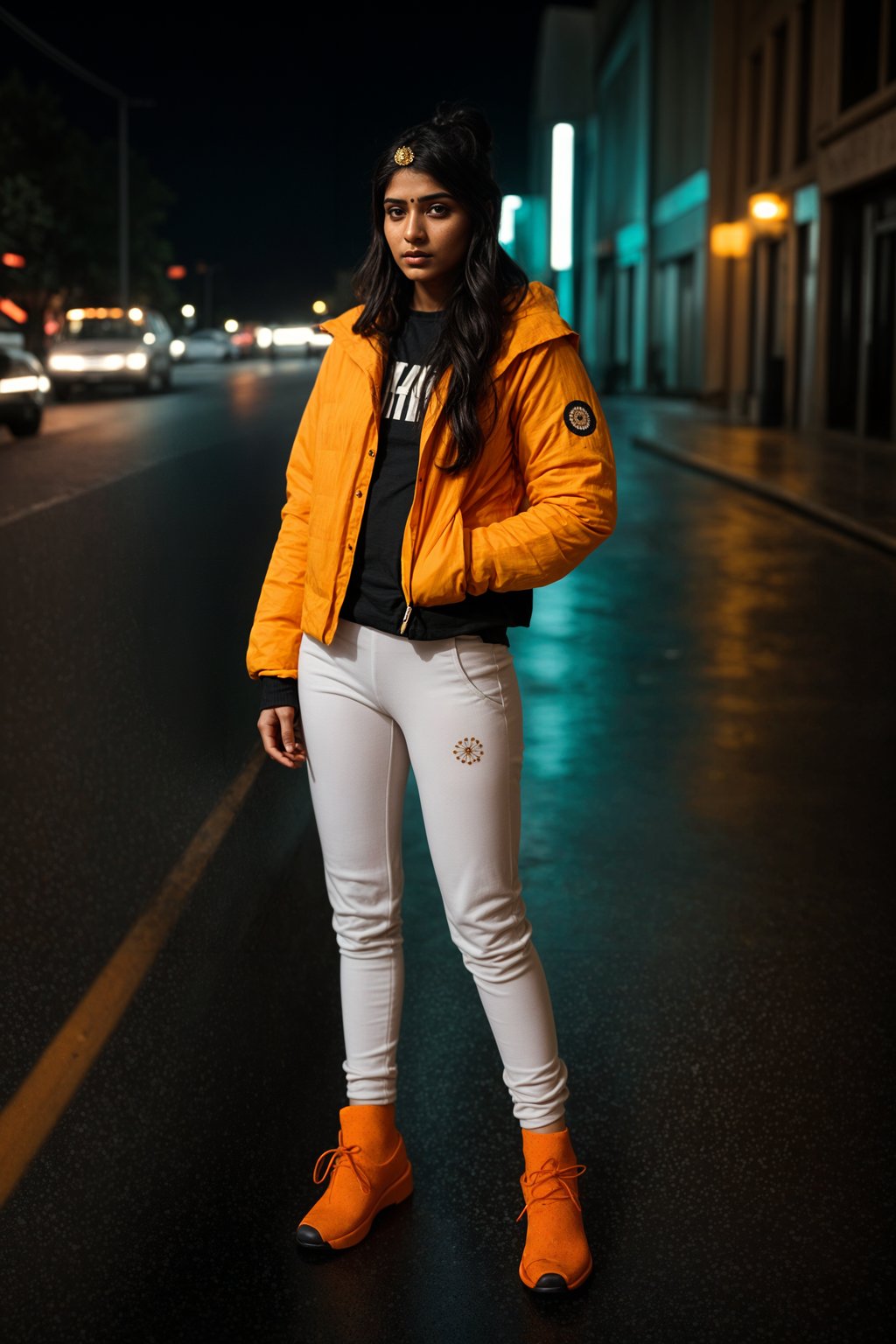 woman wearing gorpcore aesthetic, functional outdoor clothing, bright colored puffer jacket, moonboots, beanie, white wool socks, outerwear, posing for photo in the street