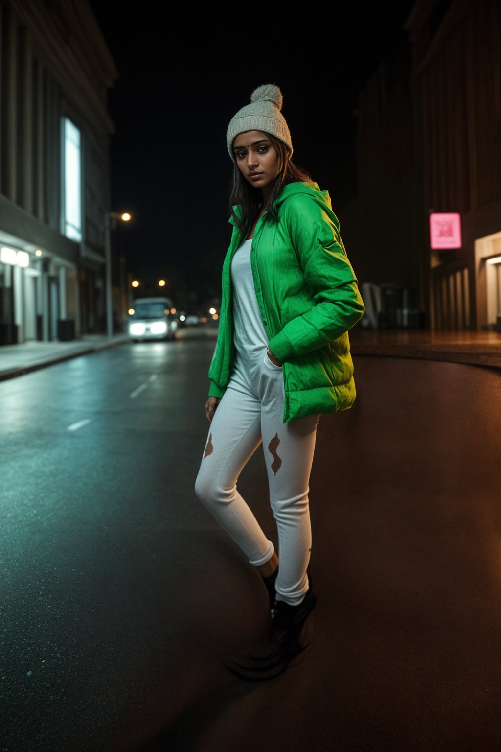 woman wearing gorpcore aesthetic, functional outdoor clothing, bright colored puffer jacket, moonboots, beanie, white wool socks, outerwear, posing for photo in the street